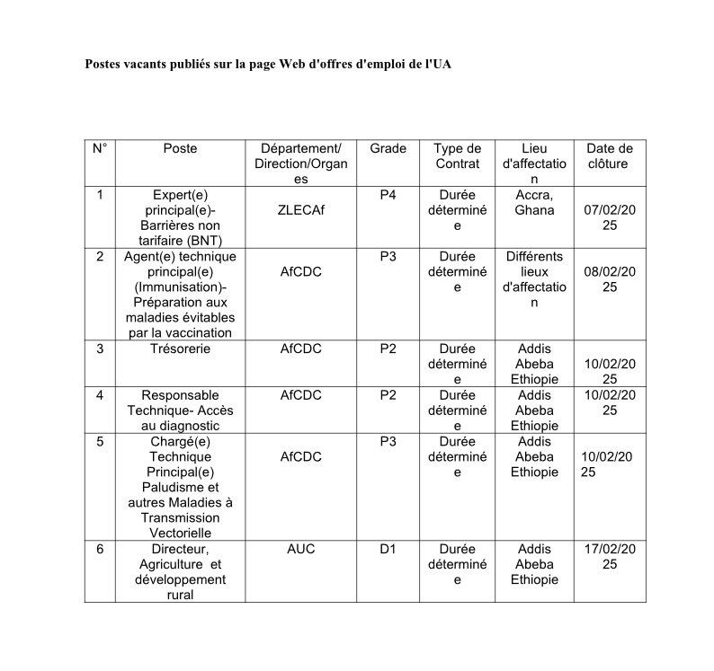 Vacance de postes au sein de l&rsquo;Union Africaine