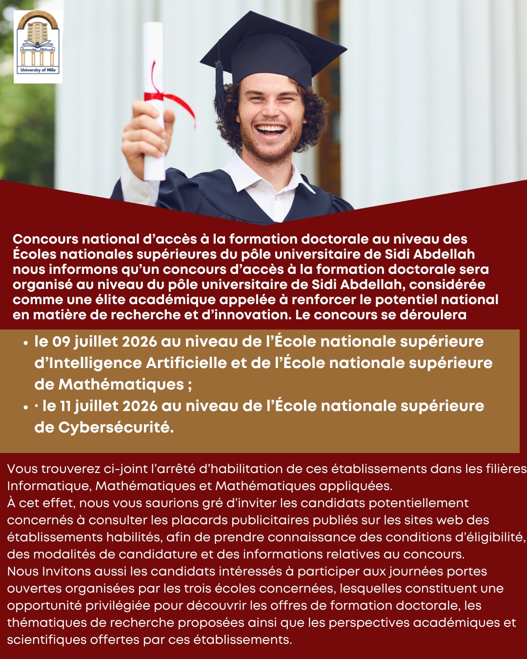 Concours national d’accès à la formation doctorale au niveau des Écoles nationales supérieures du pôle universitaire de Sidi Abdellah